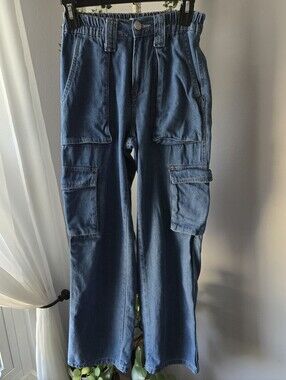 Simple Society Denim Cargo Pants Size 00/23 High Waisted Blue